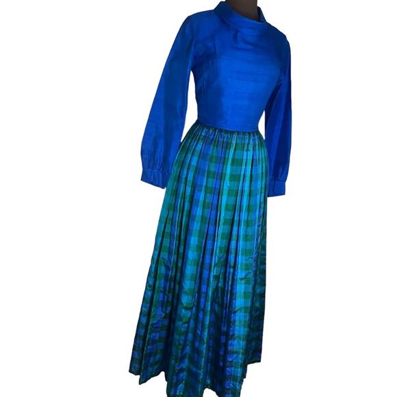 Vtg 60s Modest Secretary Plaid Pleated Skirt Feminine Preppy Retro Maxi Dress XS - Picture 5 of 8